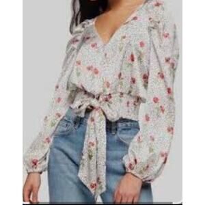 Topshop Satin Blouse 12 Polka Dot Floral Tie-Waist Balloon Sleeve Top White Red